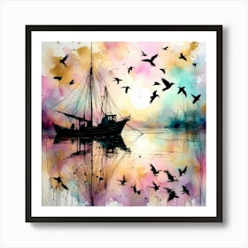 Boat And Birds Affiche