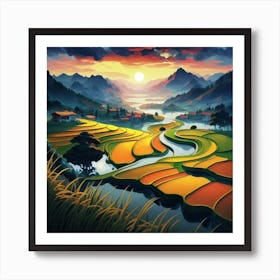 Beautiful views of rice fields, close to the river and surrounded by mountains, 16 Art Print