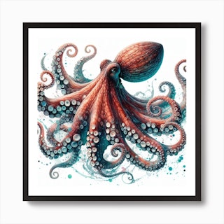 Octopus Theme Signed 4-Inch Linoleum Block Print - Octopus