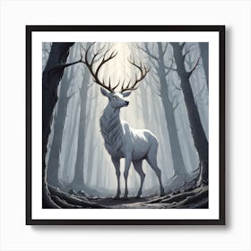 A White Stag In A Fog Forest In Minimalist Style Square Composition 74 Art Print