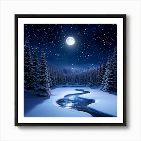 Snowy Forest Under A Full Moon With Lunar Beams Filtering Through The Trees Casting Elongated Shad Art Print