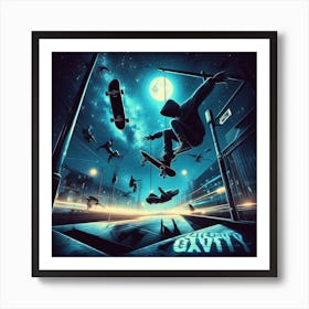 Skateboarders At Night Art Print