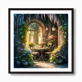Quiet and attractive dining nook, overgrown flowers, high quality, detailed, highly 3D, elegant carved cart, 23 Art Print