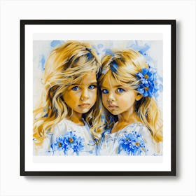 Two Little Girls With Blue Flowers Art Print