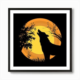 Wolf Moon Wild Grass Nature Animal Night Silhouette Art Print