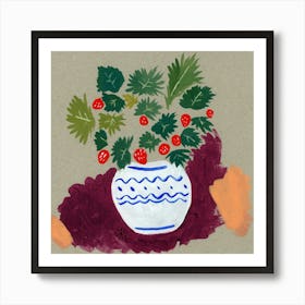 Strawberries In A Vase - floral square beige naive Art Print