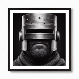 Black And White Portrait Of A Man With A Helmet Art Print