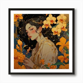 Chinese Woman With Orchids Art Print