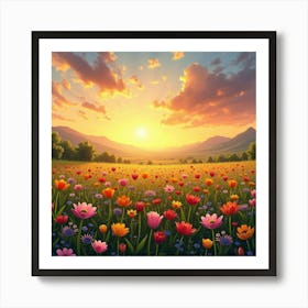 A Picturesque View Of A Field Of Colorful Wildflowers Under A Sunset Sky 2 Art Print