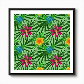 Tropical Leaves And Pink Flowers, Pattern Art Print