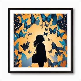 Silhouette Of A Girl With Butterflies Art Print