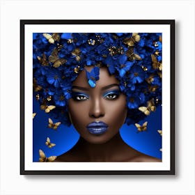 Beautiful African Woman With Blue Flowers Art Print