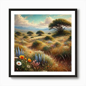 An Oil Painting Of A Field Of Wild Flowers In The Karoo, South Africa.AI 1 Art Print