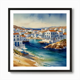 Mykonos Town.Summer on a Greek island. Sea. Sand beach. White houses. Blue roofs. The beauty of the place. Watercolor. Art Print