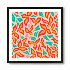 BOUGAINVILLEA Tropical Hawaiian Abstract Floral Botanical in Red Yellow Turquoise Pink on Blush Art Print