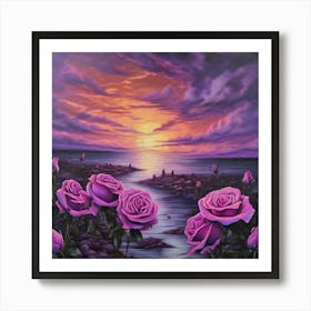 Oil On Canvas Close Up Reincarnation Of Ashes Water Purple Roses Cloudy Sky And Sunset Surreal (2) Art Print