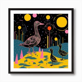 Ducklings At Night Linocut Style 2 Art Print