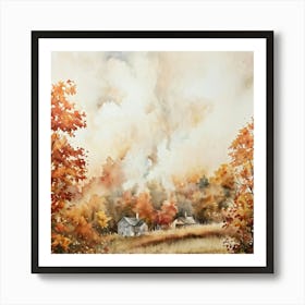 Autumnal Landscape Featuring Falling Leaves Watercolor Painting Soft Toned Florals Cottages With (1) Art Print