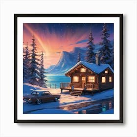 Twilight Glow on a Snowy Cabin Retreat by a Frozen Lake in the Mountains Art Print