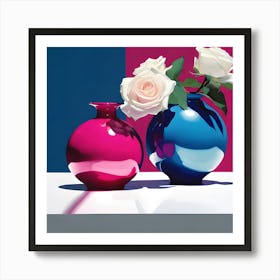 Round Vase in Pink & Blue with White Roses Art Print