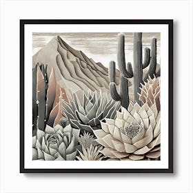 Firefly Modern Abstract Beautiful Lush Cactus And Succulent Garden In Neutral Muted Colors Of Tan, G (20) Art Print