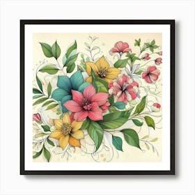 Sketch line art of blooming flowers Art Print