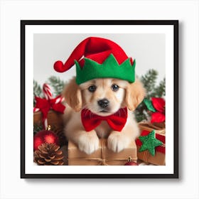 Golden Retriever Puppy In Christmas Hat Art Print
