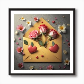 An open red and yellow letter envelope with flowers inside and little hearts outside 18 Art Print