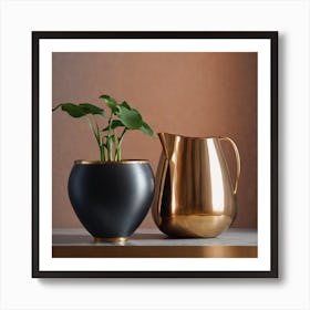 Two Gold Vases And A Plant Art Print