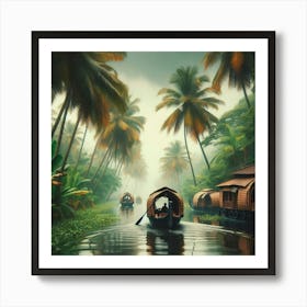 Kerala Houseboats In The Mist Art Print