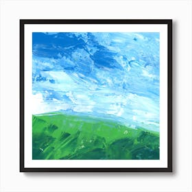 Landscape summer green blue square sky field hill meadow acrylic painting contemporary modern Art Print