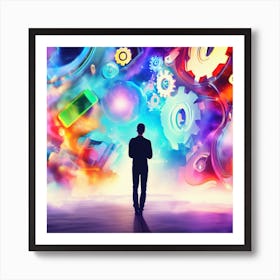 Man Standing In Front Of Colorful Gears cloud Future Of Mobile Applications Development In Colorful Dreaming Life Art Print
