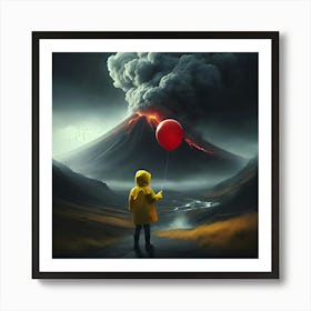 A Boy Wearing A Yellow Rain Coat Holding A Red Ballon, Standing In Front Of A Smokey Volcano, Digital Art 7 Poster