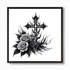 Cross And Roses Tattoo Art Print