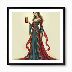 Elegant Sorceress With An Ancient Tome, Watercolor 1 Art Print