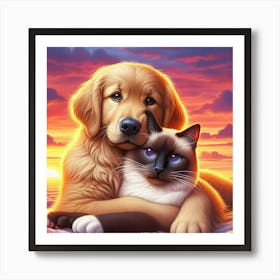 Golden Retriever And Cat 4 Art Print