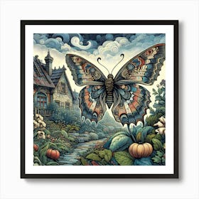 Woodcut Butterfly in Cottage Garden III Art Print