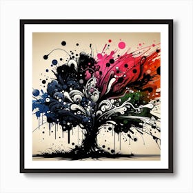 "Chromatic Resilience"  This dynamic artwork portrays a tree in an explosion of black and white swirls, against splashes of vibrant colors that seem to be caught in a wind of creativity and chaos. The stark contrast between the monochrome core and the vivid hues symbolizes the resilience and adaptability of life amidst the ever-changing world.  "Chromatic Resilience" is a celebration of strength and beauty in diversity, embodying the idea that from darkness comes light, and from stillness, movement. This piece would be a bold statement in any space, offering an artistic reflection on the enduring spirit of growth and the vibrant dance of existence against all odds. Art Print