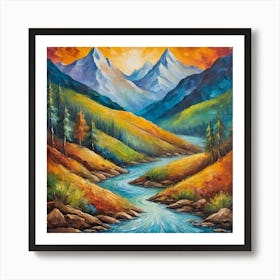 Vintage  mountain and  river Art Print