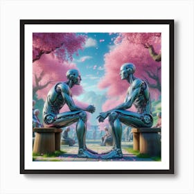 Two Robots In Cherry Blossoms Art Print