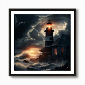 The Winds Of A Hurricane Unleash Their Full Fury Upon The Coastal Town Waves Crashing Through Art Print