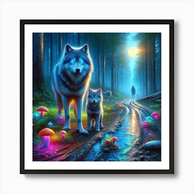 Mystical Forest Wolves Seeking Mushrooms and Crystals 7 Art Print