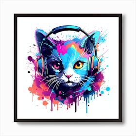 Colorful Cat With Headphones Art Print