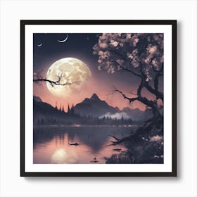 Full Moon Over Lake Art Print