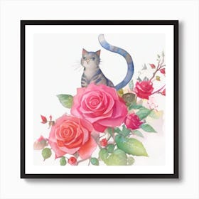 Cat With Roses3 Art Print