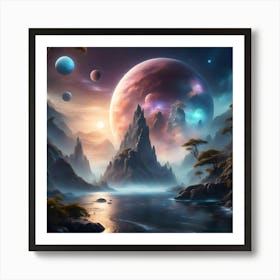 Galaxies and Planets Over Mountain Art Print