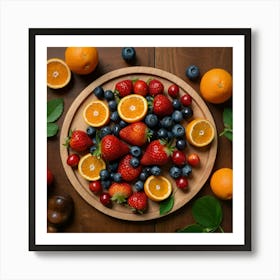 Top Down Shot of strawberries, blueberries, cherries, and oranges arranged symmetrically on a wooden platter. Sitting on a wooden table with leaves and cooking utensils on it Art Print