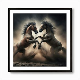 Two Horses Fighting In The Dust Art Print
