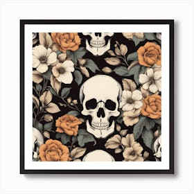 Skulls And Old House Pattern Flowers Vintage Sti Upscaled (1) Art Print