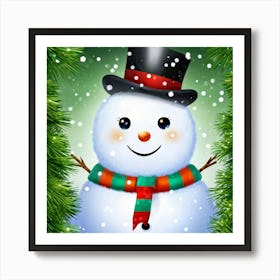 Snowman Adorned In A Top Hat And Scarf Peeking Mischievously From Behind A Frosted Pine Tree Twink Art Print